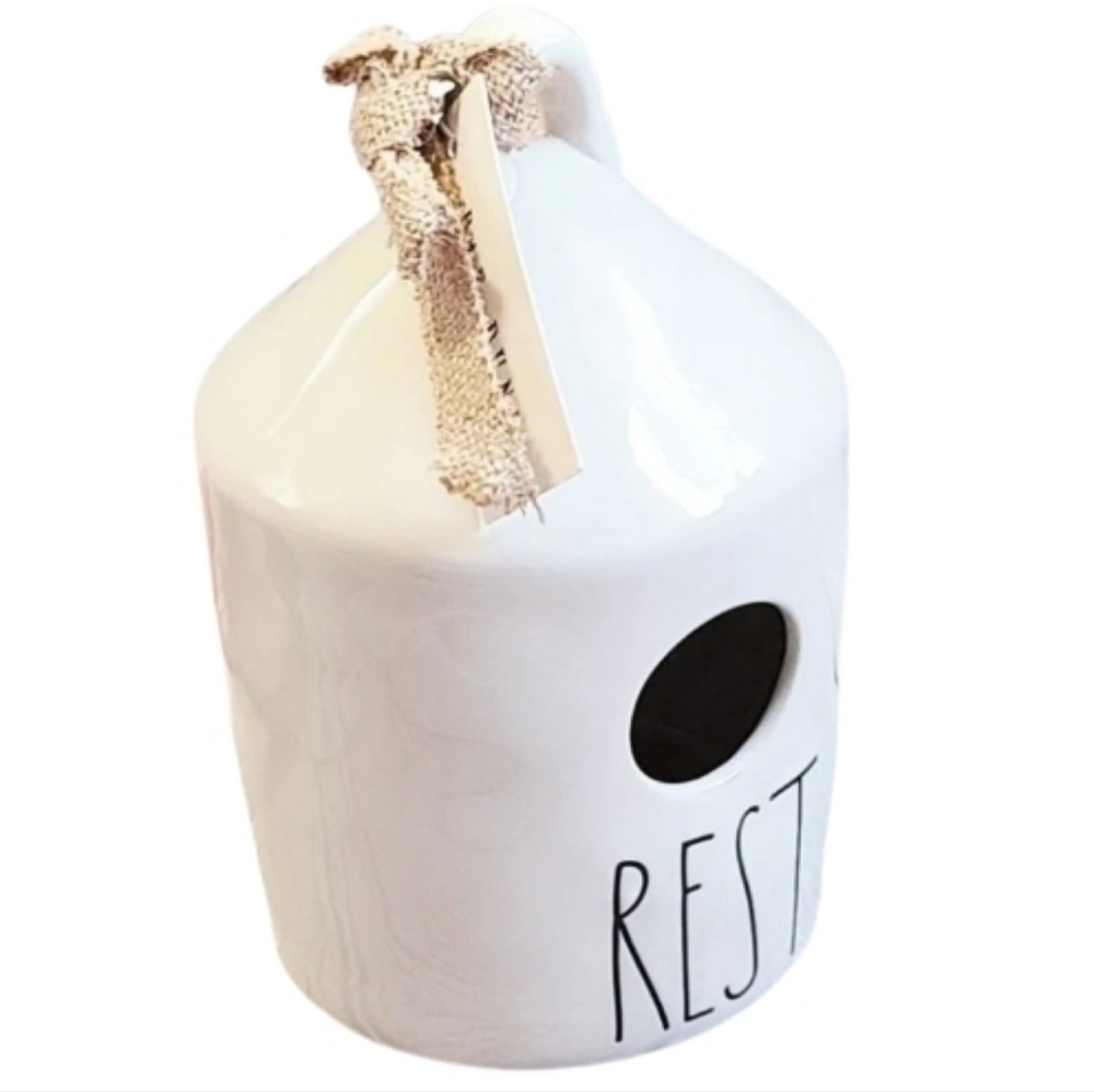 Rae Dunn Rest Birdhouse w/ Burlap Ribbon & Two Bird Decals - 5" D, 7.5" H, 5" W